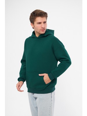 Unisex Koyu Yeşil Basic Sweatshirt Hoodie %100 Pamuklu