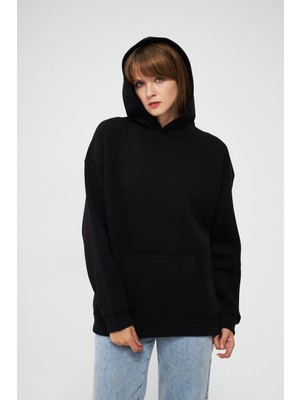 Unisex Siyah Basic Sweatshirt Hoodie %100 Pamuklu