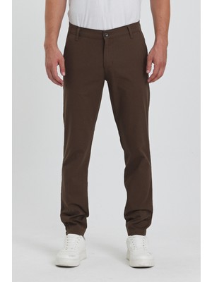 TheSeason Erkek Kahverengi Gabardin Pamuklu Keten Slim Fit Yan Cep Esnek Chino Pantolon