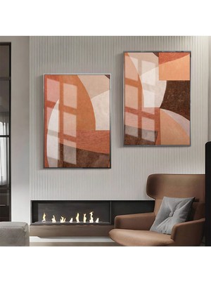 Harikabirev Kiremit-Krem-Kahve Soyut Abstract Kombin 1 |Çerçeveli Cam Tablo 2li Dikey