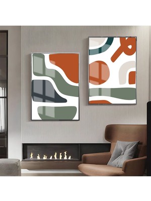 Harikabirev Mavi-Yeşil-Kiremit Soyut Abstract Kombin 1 |Çerçeveli Cam Tablo 2li Dikey