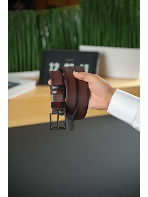 Watch of Royal Hakiki Der Çift Taraflı Koyu Kahverengi-Siyah Kemer