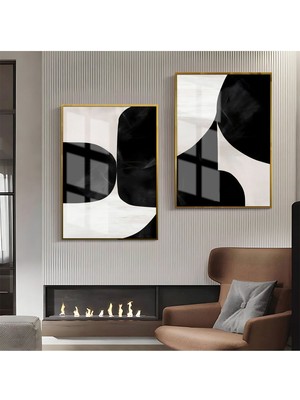 Harikabirev Gri-Krem -Siyah Soyutabstract Kombin 3 |Çerçeveli Cam Tablo 2li Dikey