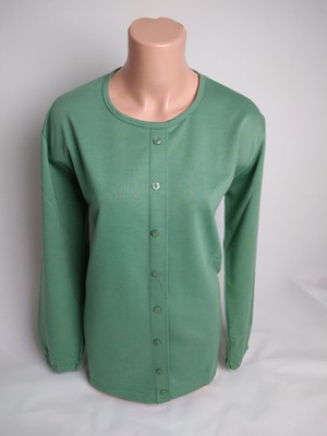 Yaşar Triko Kadın Mint Yeşil Bisiklet Yaka Patlı Süs Düğmeli Yırtmaçlı Uzun Kollu Lastikli Iki Iplik Bluz