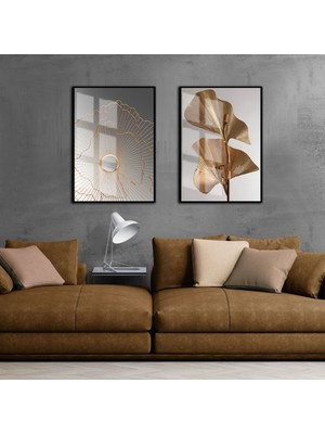 Harikabirev Sevilen Bronz Renk Yaprak Soyut Kombini|Çerçeveli Cam Tablo 2li Dikey