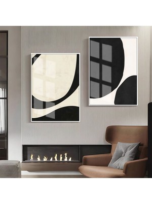 Harikabirev Gri-Krem -Siyah Soyutabstract Kombin 4 |Çerçeveli Cam Tablo 2li Dikey