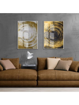 Harikabirev Gold Gri Kombini Soyur Model (Kabartmasız) |Çerçeveli Cam Tablo 2li Dikey