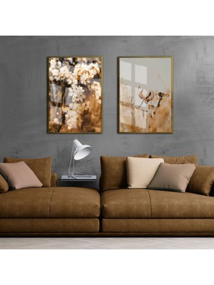 Harikabirev Soft Krem Çiçek Püskül Kombini Sol Ve Orta|Çerçeveli Cam Tablo 2li Dikey
