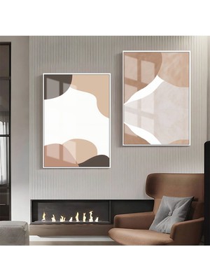 Harikabirev Krem-Beyaz-Bej Soyut Abstract Kombin |Çerçeveli Cam Tablo 2li Dikey