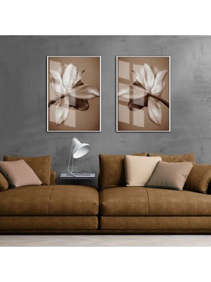 Harikabirev Krem-Kahve Yapraklı Çiçek Kombini |Çerçeveli Cam Tablo 2li Dikey