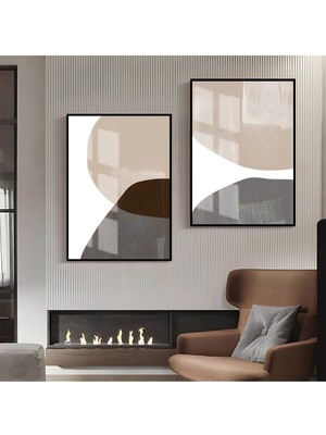 Harikabirev Gri-Krem -Beyaz Soyut Abstract Kombin |Çerçeveli Cam Tablo 2li Dikey