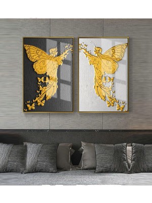 Harikabirev Gri-Gold Soyut Kanatlı Melek Kombini |Çerçeveli Cam Tablo 2li Dikey