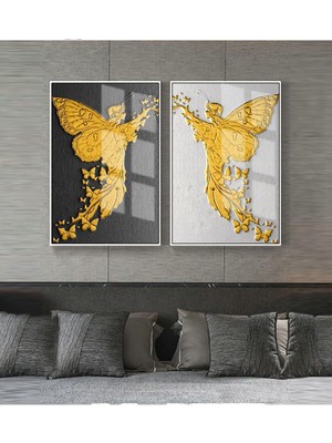Harikabirev Gri-Gold Soyut Kanatlı Melek Kombini |Çerçeveli Cam Tablo 2li Dikey