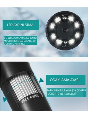 Alfalink 1600X Zoom 2MP USB Dijital Mikroskop 8 Ledli Kamera Saç, Cilt Analizi, Eğitim, Endüstriyel