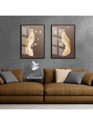 Harikabirev Sevilen Tüy-Kuş Kombini Kahverengi Arka Plan |Çerçeveli Cam Tablo 2li Dikey