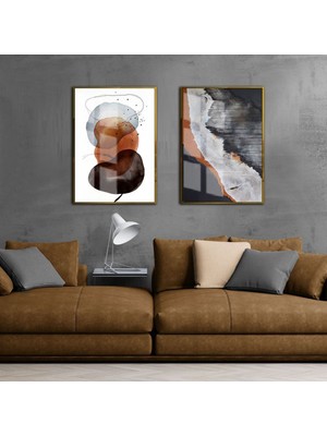 Harikabirev Yeni Soyut Şekiller Tarçın Gri 01 |Çerçeveli Cam Tablo 2li Dikey