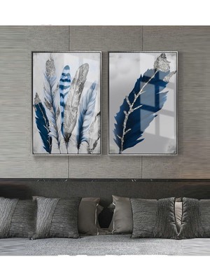 Harikabirev Lacivert-Gri Kombini Tüyler 2 |Çerçeveli Cam Tablo 2li Dikey