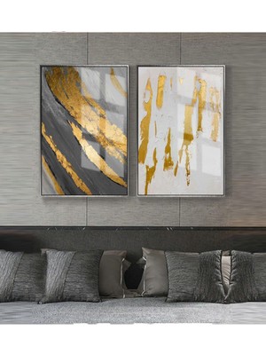 Harikabirev Gri-Gold Kombini Soyut Şekiler 5 |Çerçeveli Cam Tablo 2li Dikey