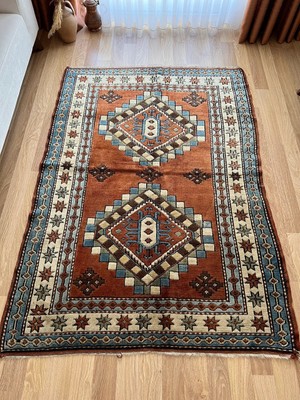 DesignEv 134X189 cm Boho Stili Turuncu ve Mavi Renkli El Dokuma Türk Anadolu Yün Kilimi