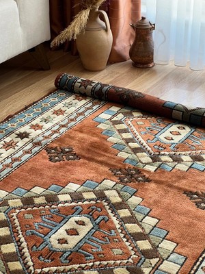 DesignEv 134X189 cm Boho Stili Turuncu ve Mavi Renkli El Dokuma Türk Anadolu Yün Kilimi