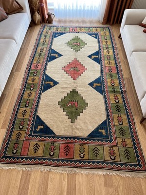 167X306 cm Büyük Boy Hayvan Figürlü El Dokuma Yün Antik Kilim Pastel Renkler