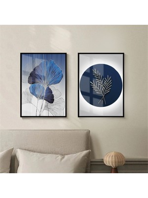 Harikabirev |Lacivert-Gümüş Kombini Sonsuzluk Çiçek Ve Orta 2|Çerçeveli Temperli Cam Tablo 2li Dikey