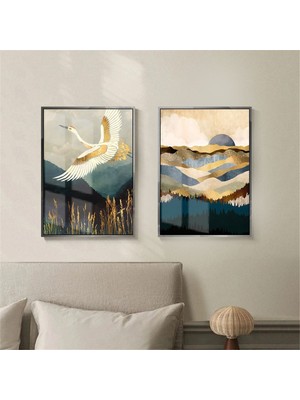 Harikabirev |Gold Bej Yeşil Kombini Kuş Ve Soyut |Cam Tablo 2li Dikey