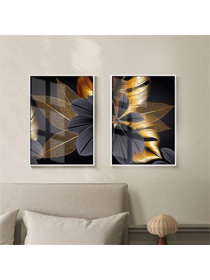 Harikabirev |Gold Siyah Kombini Soyut Çiçek |Cam Tablo 2li Dikey
