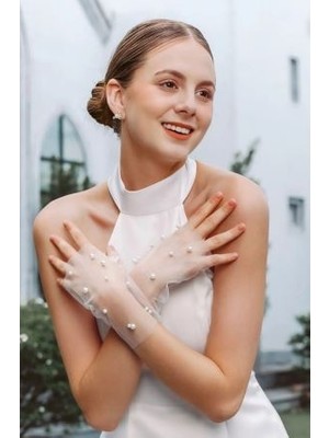 Transparan Kısa Incili Tül Parmaksız Gelin Eldiveni