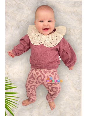 Candar 3-6-9-12-18 Ay Kız Bebek Takım Büyük Yaka Güpürlü 2'Li Mor