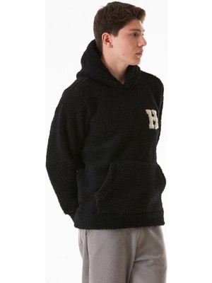 Nakışlı Kapüşonlu Kanguru Cepli Peluş Sweatshirt