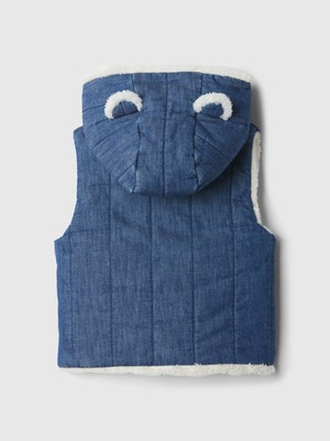 Bebek Mavi Denim Cozy Sherpa Bear Yelek