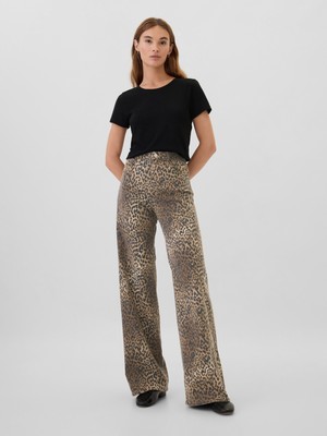 Kadın Kahverengi High Rise Wide Leg Leopar Desenli Jean Pantolon