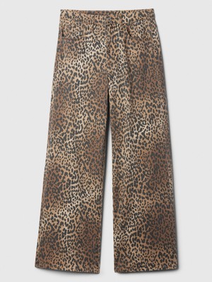 Kadın Kahverengi High Rise Wide Leg Leopar Desenli Jean Pantolon