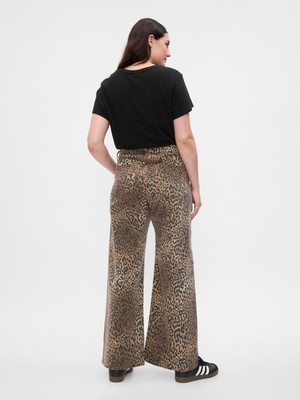 Kadın Kahverengi High Rise Wide Leg Leopar Desenli Jean Pantolon