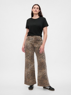 Kadın Kahverengi High Rise Wide Leg Leopar Desenli Jean Pantolon