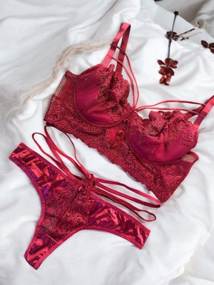 Balenli Bordo Bralet Takım