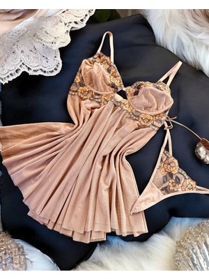 Balenli Vizon Renk Babydoll Gecelik Tanga Set