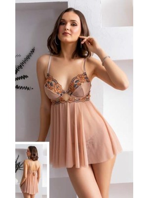 Balenli Vizon Renk Babydoll Gecelik Tanga Set