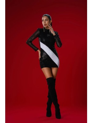 Gira Official Siyah Payetli Beyaz Şerit Detaylı Mini Elbise