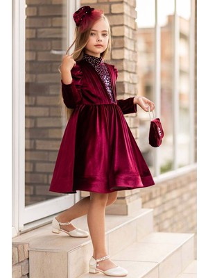 Kız Çocuk Üzeri Çiçek Taş Işlemeli Boğazlı Yaka Bordo Kadife Abiye