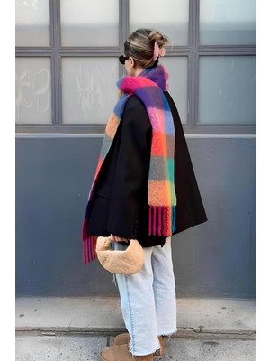 Bahels Ithal Puffy Rainbow Kare Desenli Atkı Şal Omuz Şalı