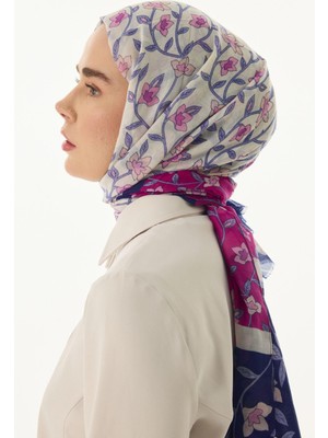 Rose Çiçek Desen Fuşya-Lacivert Pamuklu Şal