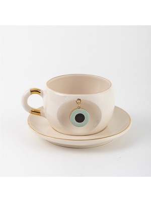 BSK Ceramics Handmade Yeşil Yuvarlak Nazar Boncuklu Çay Fincanı