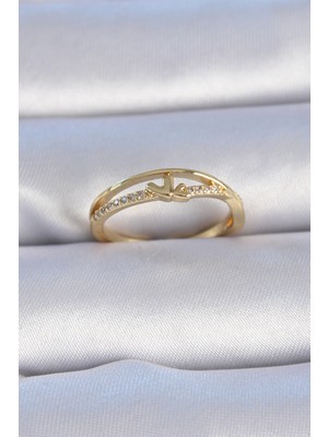 Stil Love Pirinç Gold Renk Zirkon Taşlı Kalp Model Kadın Yüzük