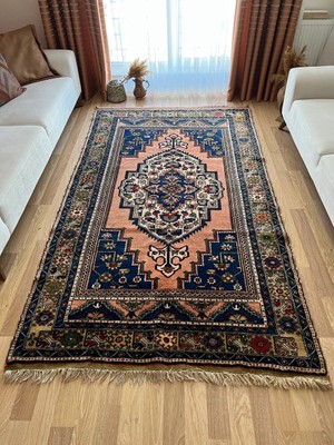 DesignEv 162X275 cm Büyük Boy Lacivert ve Turuncu Renkli El Dokuma Osmanlı Stili Yıkanabilir Halı