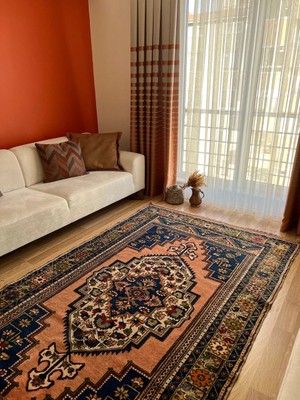 DesignEv 162X275 cm Büyük Boy Lacivert ve Turuncu Renkli El Dokuma Osmanlı Stili Yıkanabilir Halı