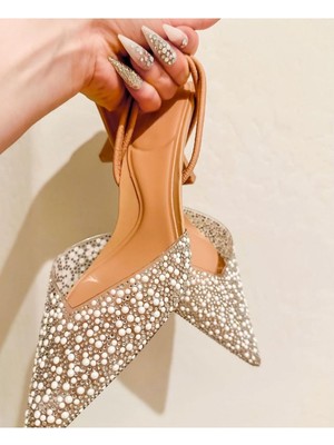 Duxal Shoes Kadın Arkası Açık Topuklu Ayakkabı İnci Detaylı Ten Renkli Düz Taban