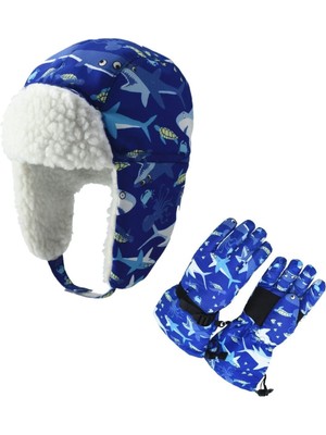 Petityu Su Geçirmez Erkek Çocuk Kar Bere Eldiven Set 4-8 Yaş Kayak Snowboard Bere Eldiven Mavi Shark