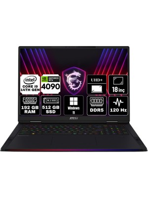 Msı Raıder 18 Hx Intel Core I9 14900HX 192GB 512GB SSD RTX4090/16GB Windows 11 Pro 18" Uhd+ Taşınabilir Bilgisayar A14VIG-468TR-A36 & Anzar Mouse